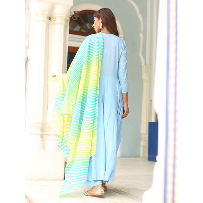 Gulabo Jaipur Blue Rangoli Anarkali With Pant And Dupatta (Set Of 3)