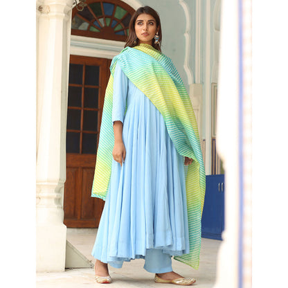 Gulabo Jaipur Blue Rangoli Anarkali With Pant And Dupatta (Set Of 3)