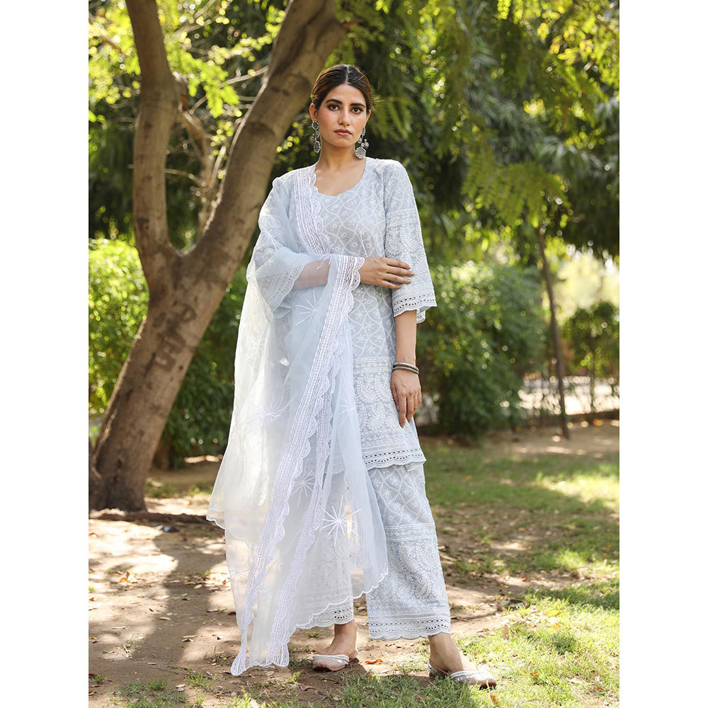 Gulabo Jaipur Sky Blue Cotton Kurta With Pant & Organza Dupatta (Set of 3)