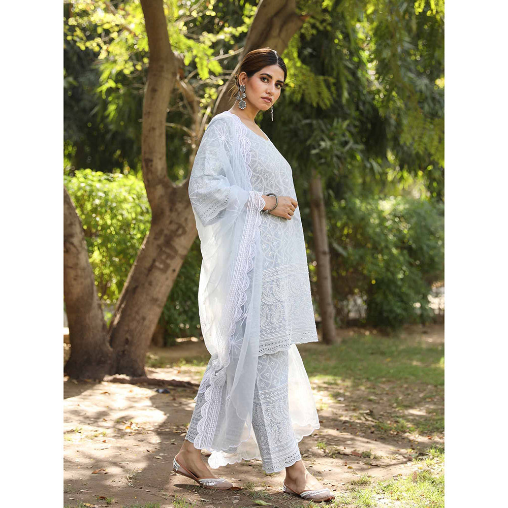 Gulabo Jaipur Sky Blue Cotton Kurta With Pant & Organza Dupatta (Set of 3)
