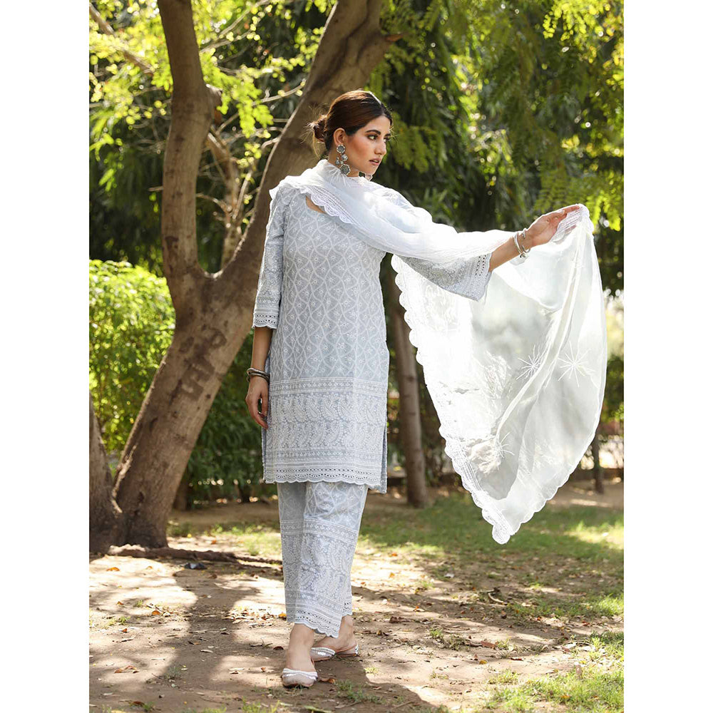 Gulabo Jaipur Sky Blue Cotton Kurta With Pant & Organza Dupatta (Set of 3)