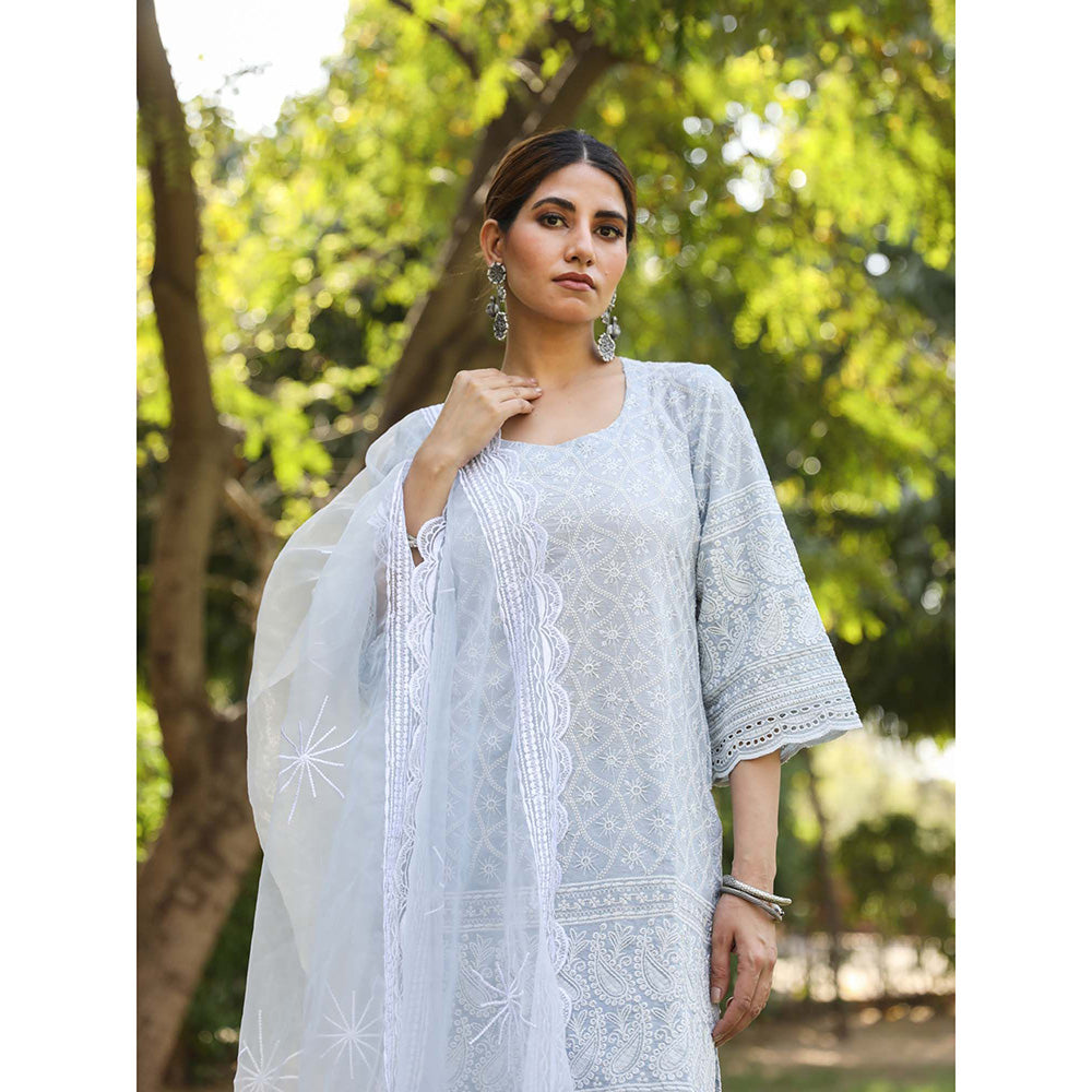Gulabo Jaipur Sky Blue Cotton Kurta With Pant & Organza Dupatta (Set of 3)