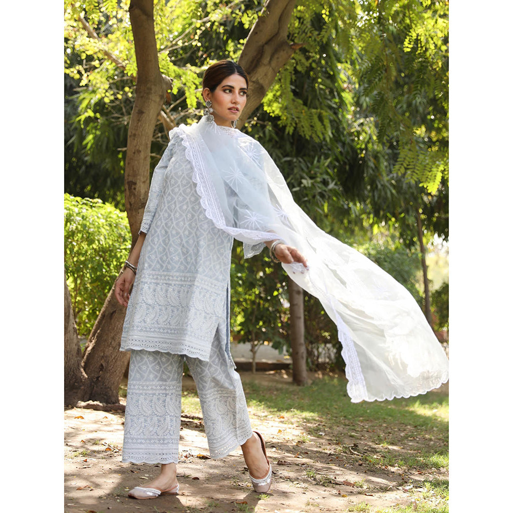 Gulabo Jaipur Sky Blue Cotton Kurta With Pant & Organza Dupatta (Set of 3)