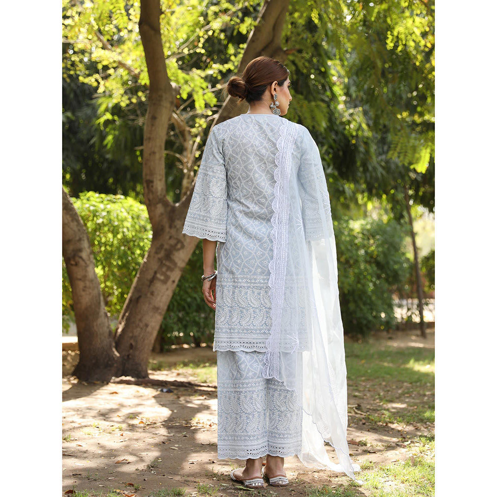 Gulabo Jaipur Sky Blue Cotton Kurta With Pant & Organza Dupatta (Set of 3)