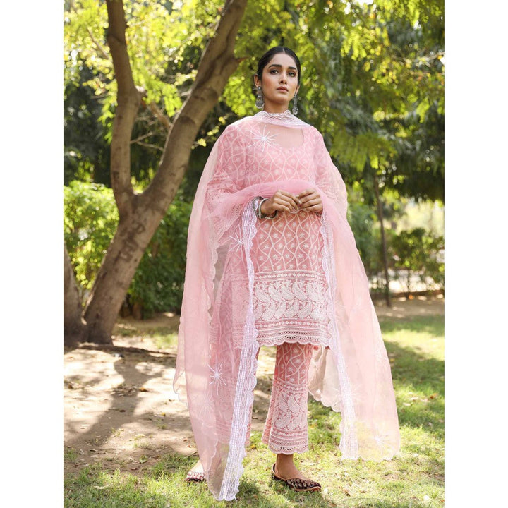Gulabo Jaipur Pink Cotton Kurta With Pant & Organza Dupatta (Set of 3)