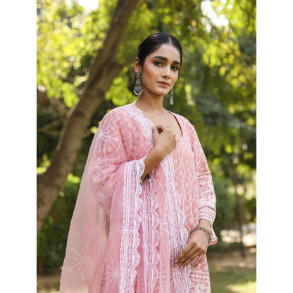 Gulabo Jaipur Pink Cotton Kurta With Pant & Organza Dupatta (Set of 3)