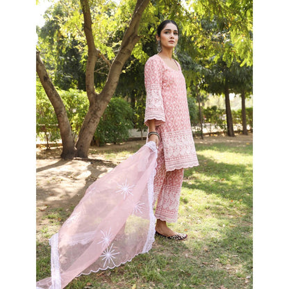 Gulabo Jaipur Pink Cotton Kurta With Pant & Organza Dupatta (Set of 3)