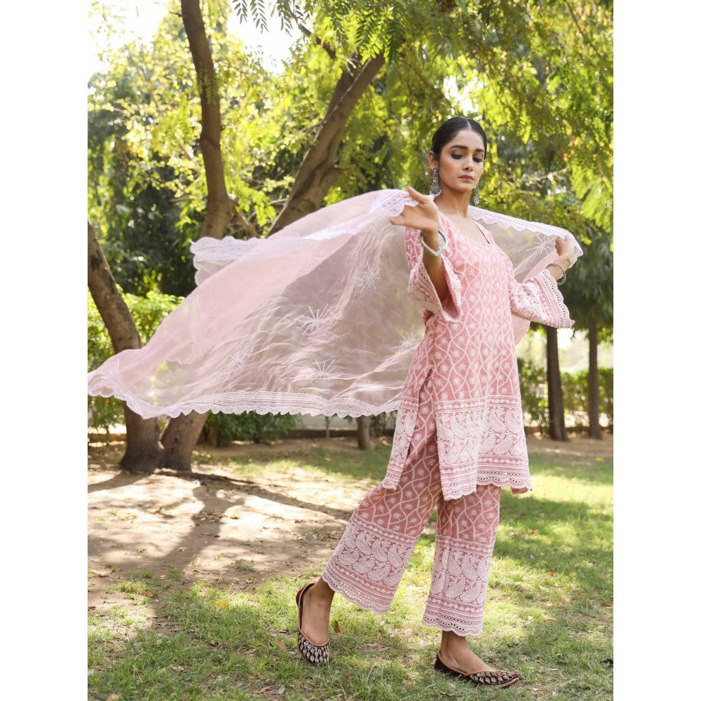 Gulabo Jaipur Pink Cotton Kurta With Pant & Organza Dupatta (Set of 3)