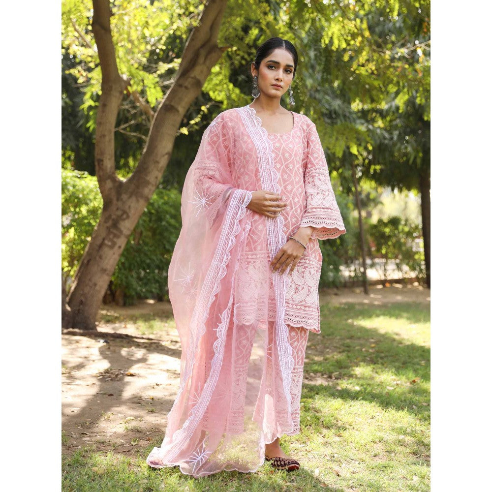Gulabo Jaipur Pink Cotton Kurta With Pant & Organza Dupatta (Set of 3)
