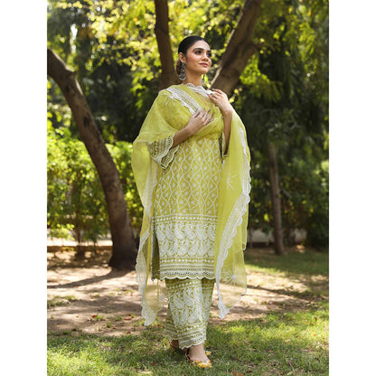 Gulabo Jaipur Green Cotton Kurta With Pant & Organza Dupatta (Set of 3)
