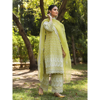 Gulabo Jaipur Green Cotton Kurta With Pant & Organza Dupatta (Set of 3)