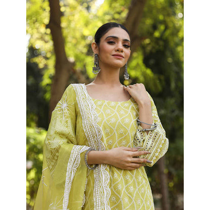 Gulabo Jaipur Green Cotton Kurta With Pant & Organza Dupatta (Set of 3)