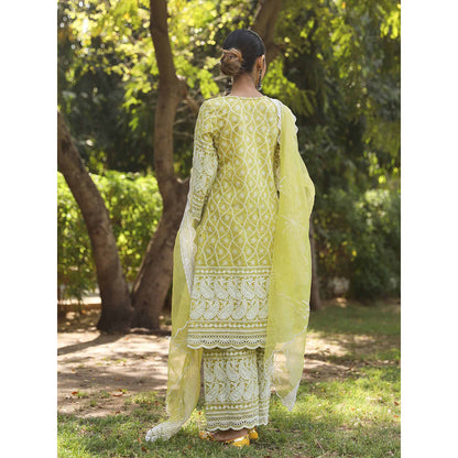 Gulabo Jaipur Green Cotton Kurta With Pant & Organza Dupatta (Set of 3)