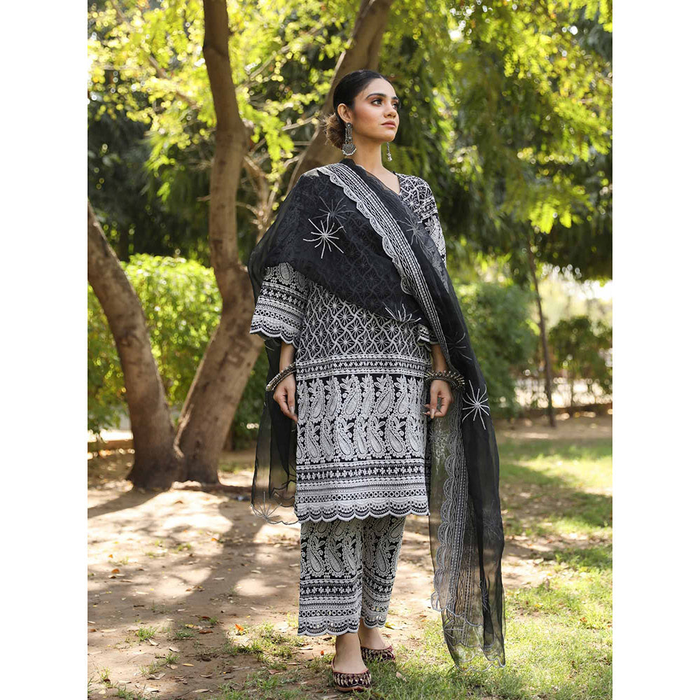 Gulabo Jaipur Black Cotton Kurta With Pant & Organza Dupatta (Set of 3)