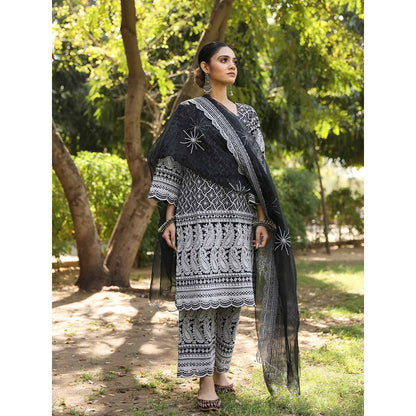 Gulabo Jaipur Black Cotton Kurta With Pant & Organza Dupatta (Set of 3)