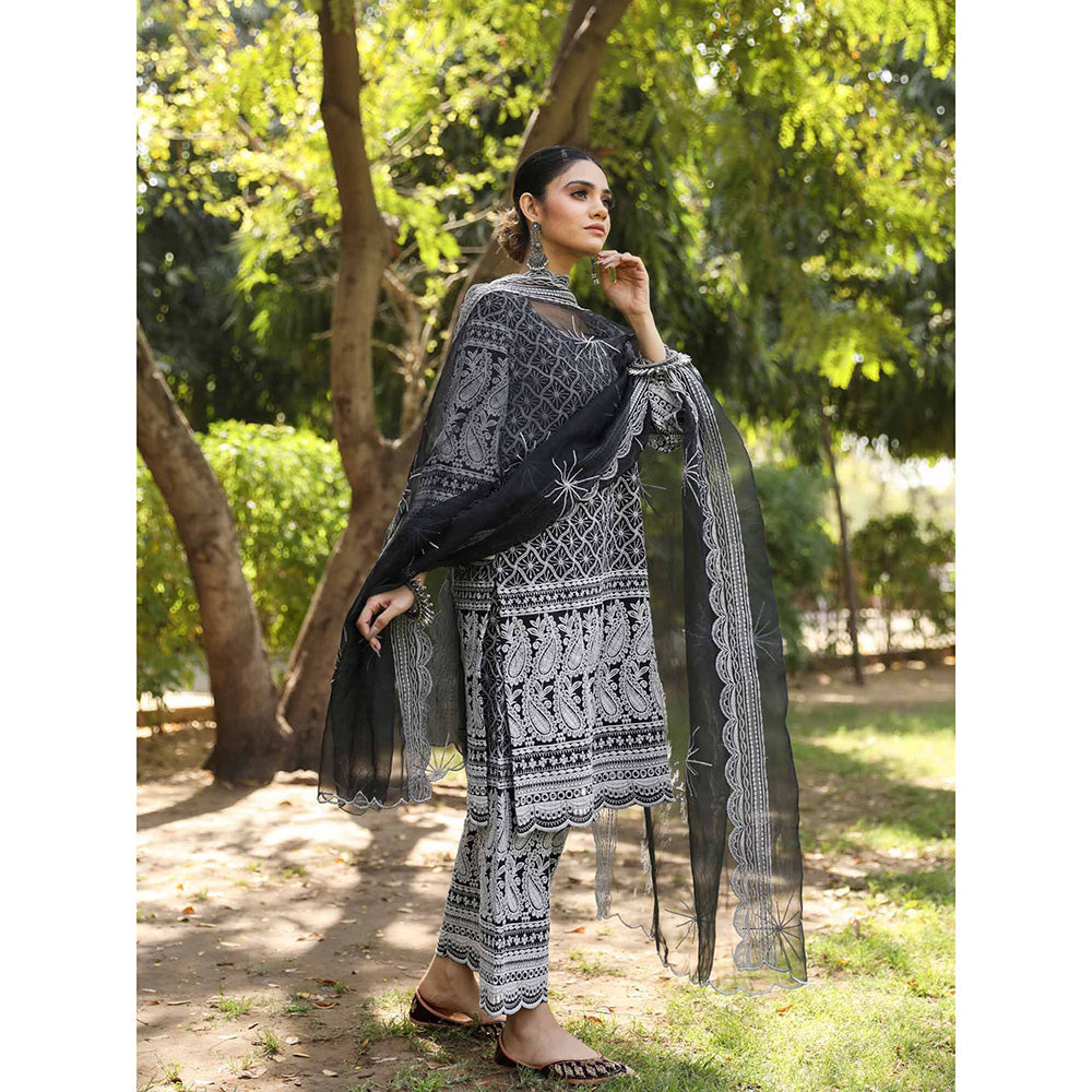 Gulabo Jaipur Black Cotton Kurta With Pant & Organza Dupatta (Set of 3)