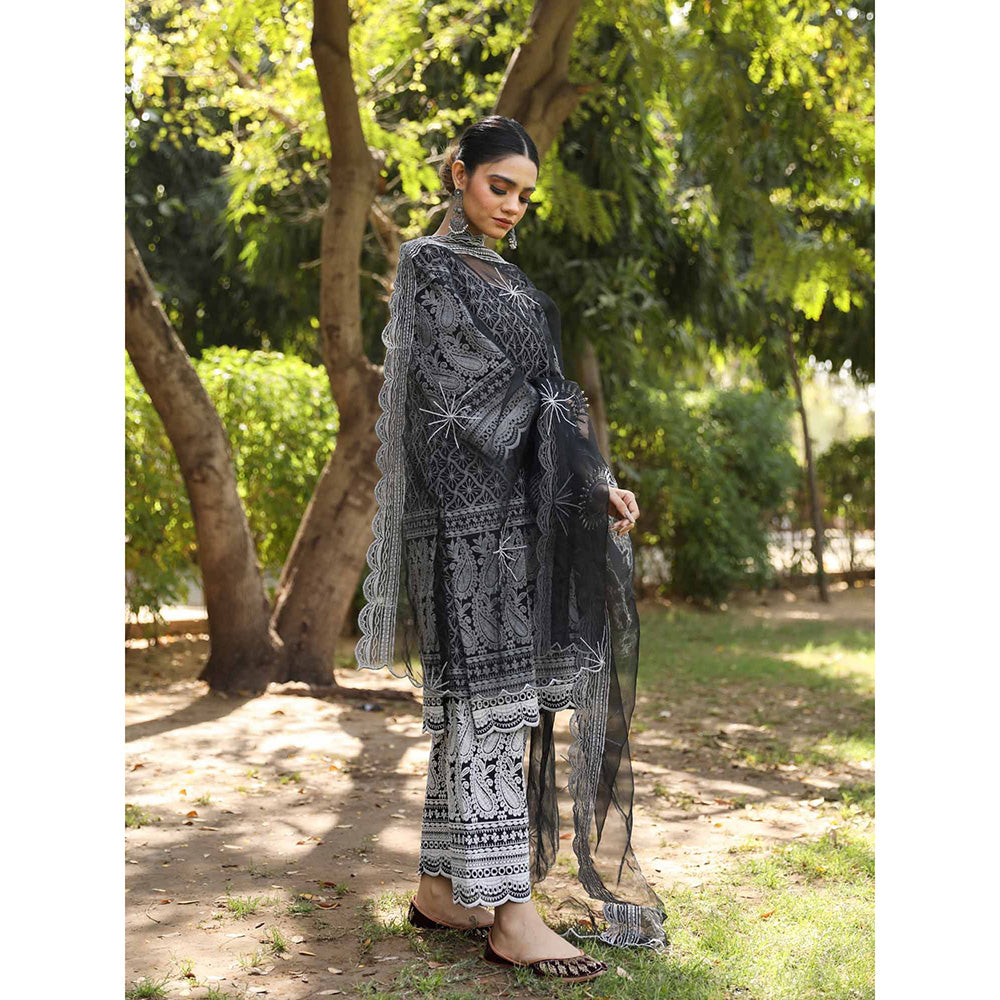 Gulabo Jaipur Black Cotton Kurta With Pant & Organza Dupatta (Set of 3)