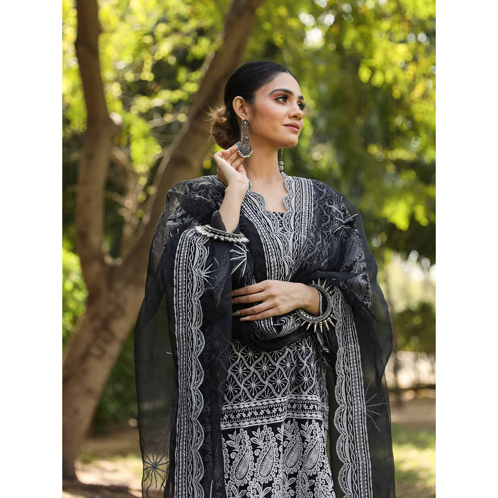 Gulabo Jaipur Black Cotton Kurta With Pant & Organza Dupatta (Set of 3)