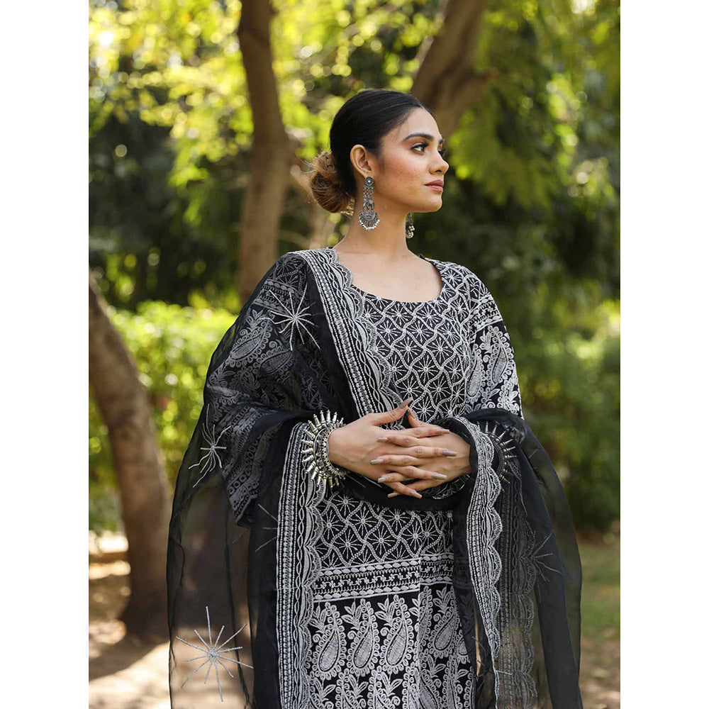 Gulabo Jaipur Black Cotton Kurta With Pant & Organza Dupatta (Set of 3)