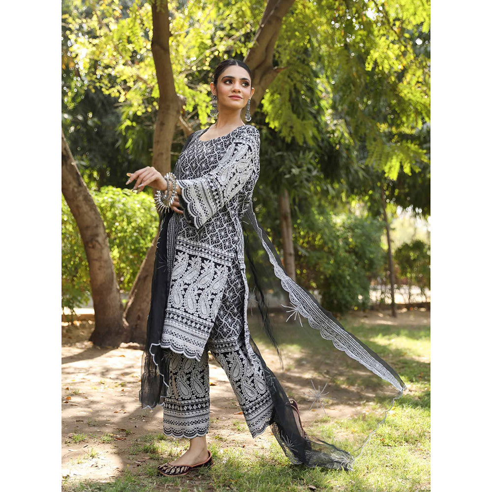 Gulabo Jaipur Black Cotton Kurta With Pant & Organza Dupatta (Set of 3)