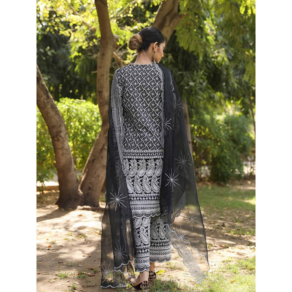 Gulabo Jaipur Black Cotton Kurta With Pant & Organza Dupatta (Set of 3)