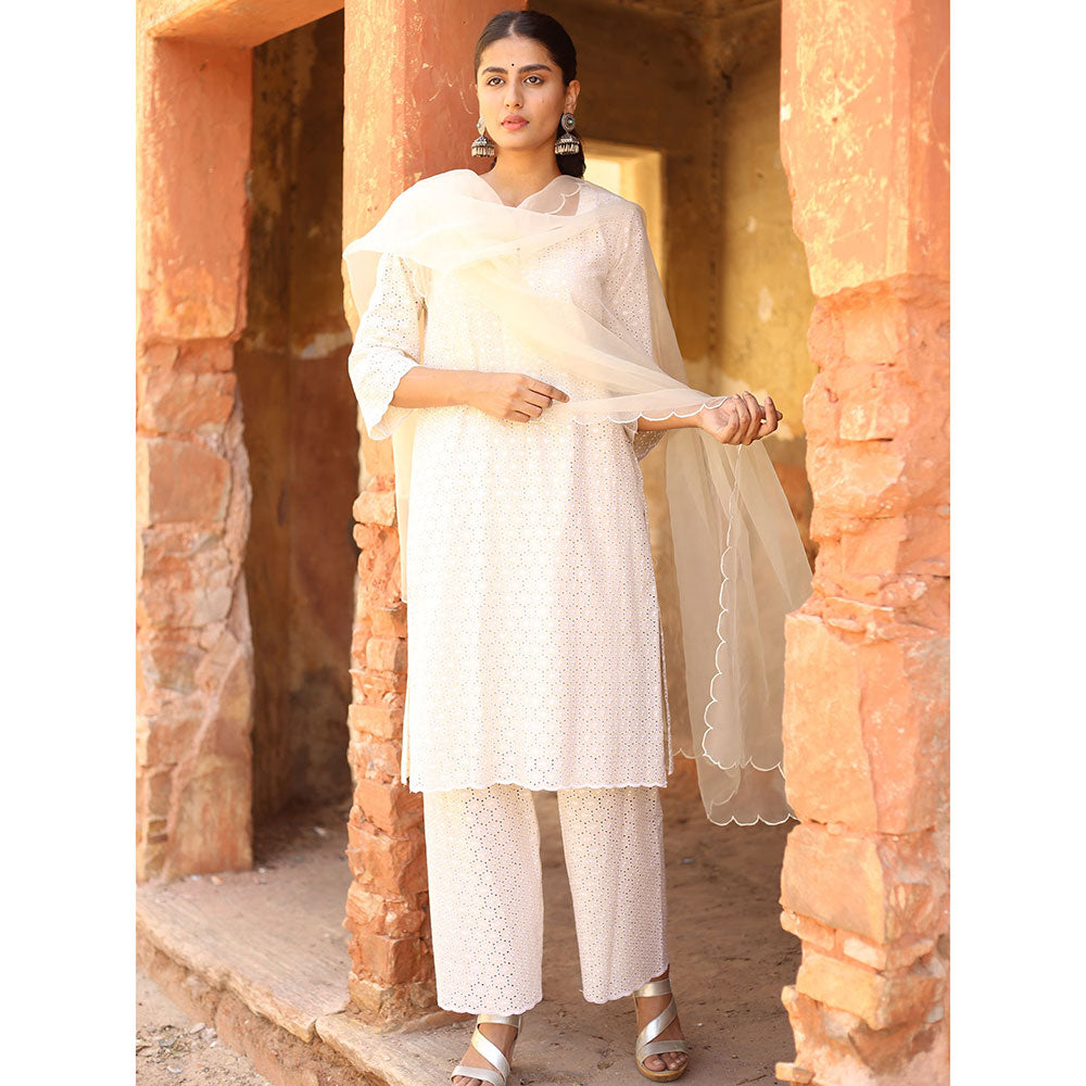 Gulabo Jaipur Nude Chikan Kurta With Pant & Organza Dupatta (Set of 3)