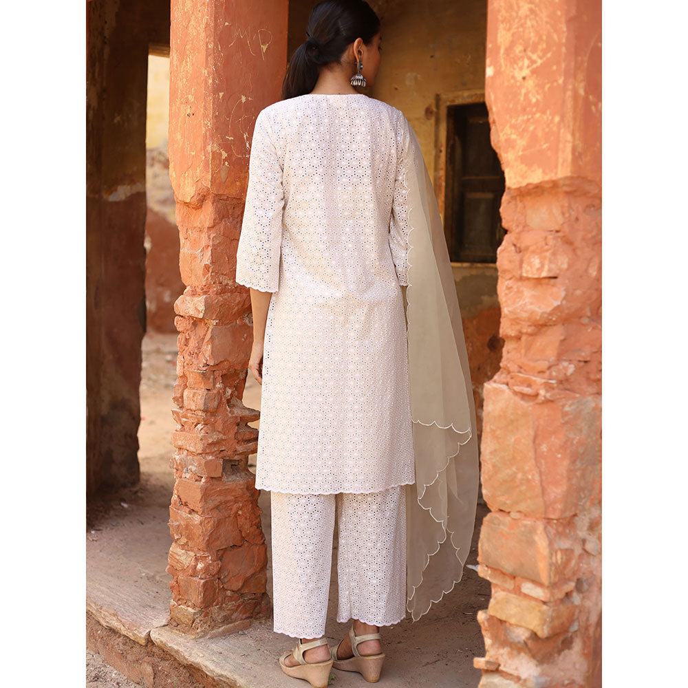 Gulabo Jaipur Nude Chikan Kurta With Pant & Organza Dupatta (Set of 3)