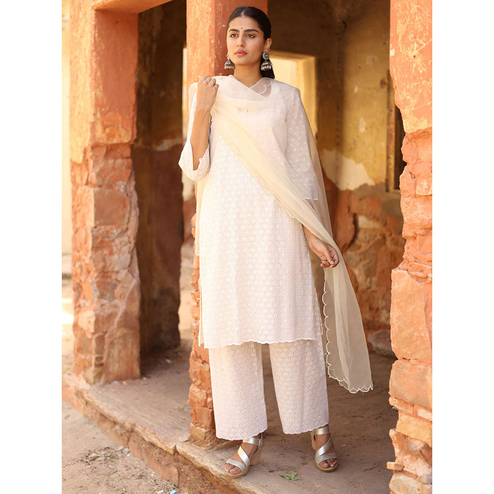 Gulabo Jaipur Nude Chikan Kurta With Pant & Organza Dupatta (Set of 3)