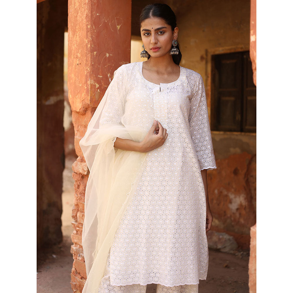 Gulabo Jaipur Nude Chikan Kurta With Pant & Organza Dupatta (Set of 3)