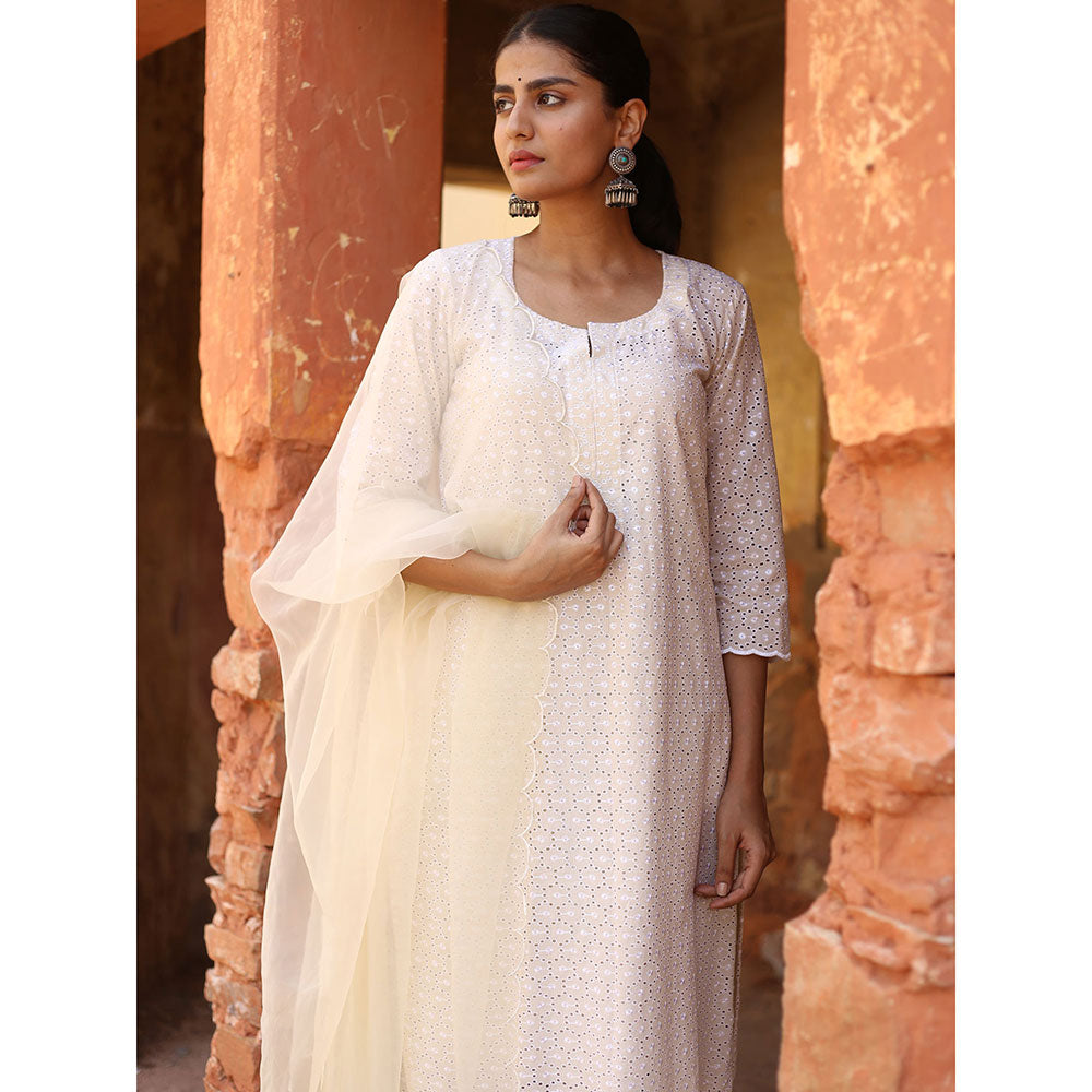 Gulabo Jaipur Nude Chikan Kurta With Pant & Organza Dupatta (Set of 3)