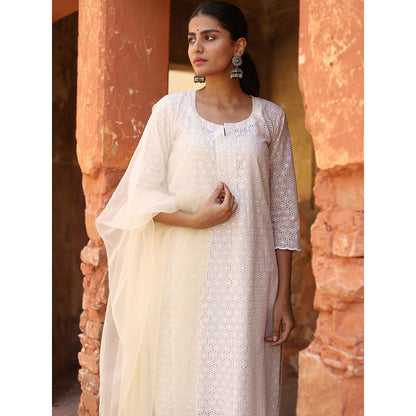 Gulabo Jaipur Nude Chikan Kurta With Pant & Organza Dupatta (Set of 3)