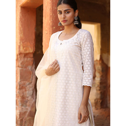 Gulabo Jaipur Nude Chikan Kurta With Pant & Organza Dupatta (Set of 3)