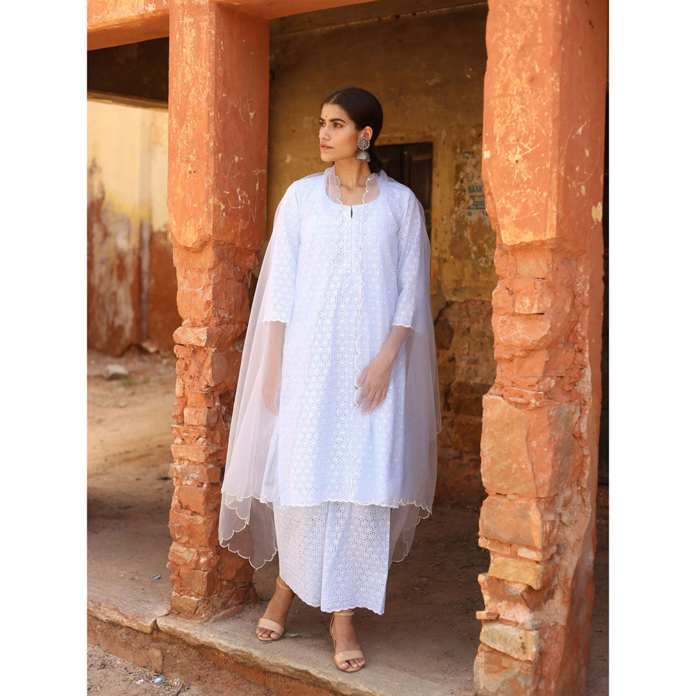 Gulabo Jaipur Blue Chikan Kurta With Pant & Organza Dupatta (Set of 3)