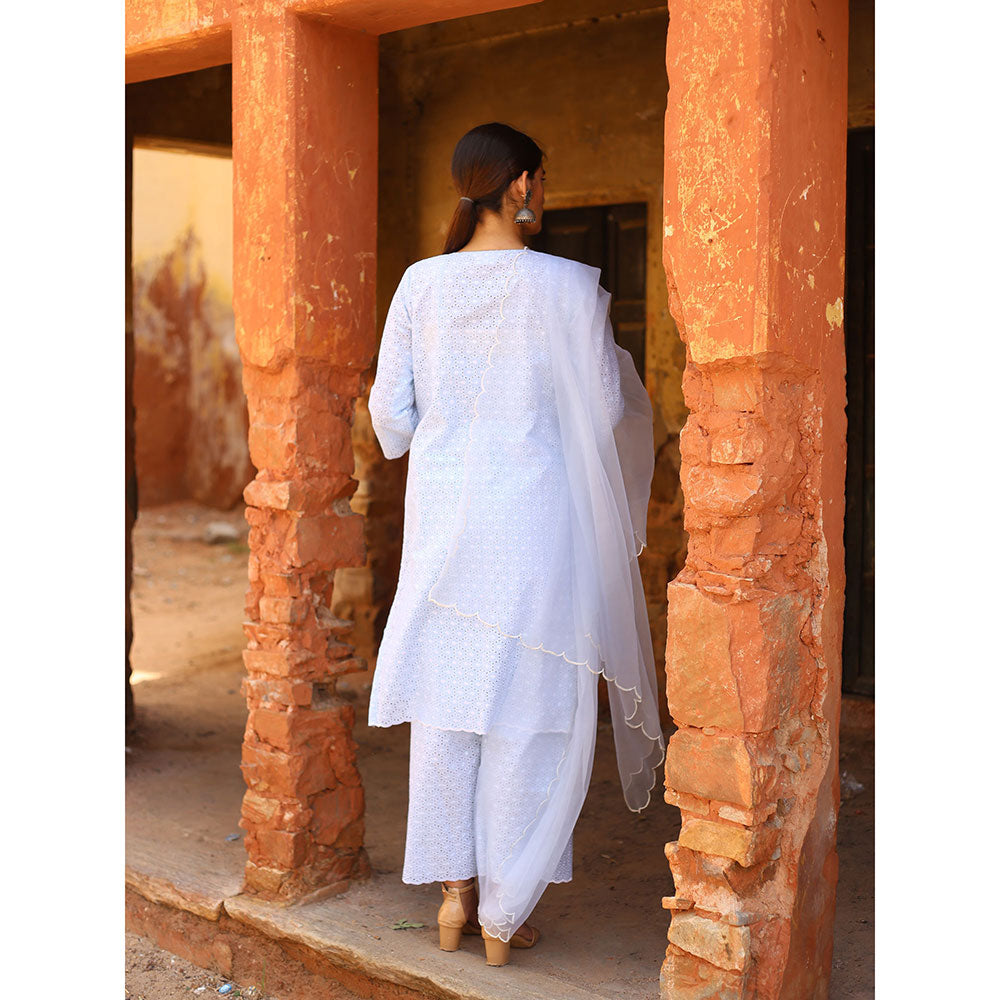 Gulabo Jaipur Blue Chikan Kurta With Pant & Organza Dupatta (Set of 3)