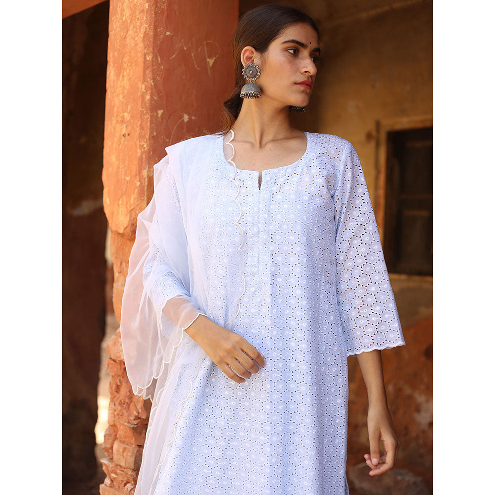 Gulabo Jaipur Blue Chikan Kurta With Pant & Organza Dupatta (Set of 3)