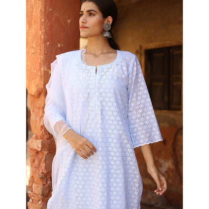 Gulabo Jaipur Blue Chikan Kurta With Pant & Organza Dupatta (Set of 3)