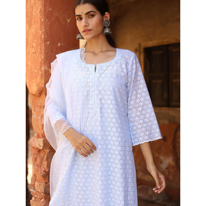 Gulabo Jaipur Blue Chikan Kurta With Pant & Organza Dupatta (Set of 3)