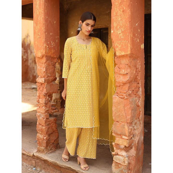 Gulabo Jaipur Yellow Chikan Kurta, Inner With Pant & Organza Dupatta (Set of 4)