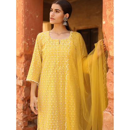 Gulabo Jaipur Yellow Chikan Kurta, Inner With Pant & Organza Dupatta (Set of 4)