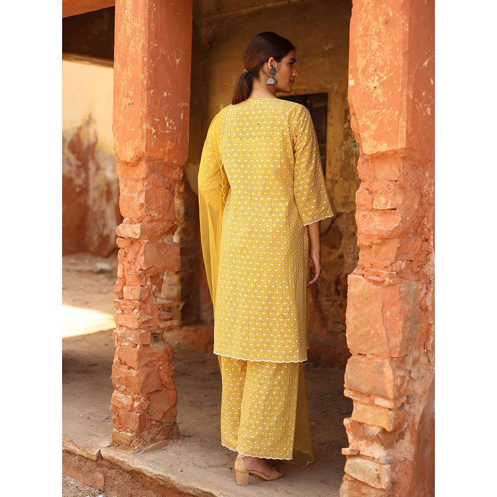 Gulabo Jaipur Yellow Chikan Kurta, Inner With Pant & Organza Dupatta (Set of 4)