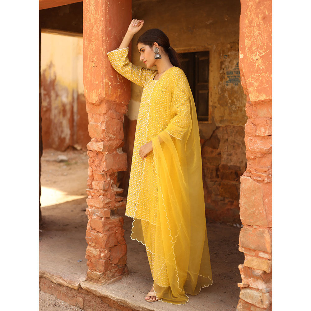 Gulabo Jaipur Yellow Chikan Kurta, Inner With Pant & Organza Dupatta (Set of 4)