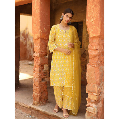 Gulabo Jaipur Yellow Chikan Kurta, Inner With Pant & Organza Dupatta (Set of 4)