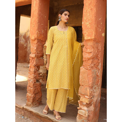 Gulabo Jaipur Yellow Chikan Kurta, Inner With Pant & Organza Dupatta (Set of 4)