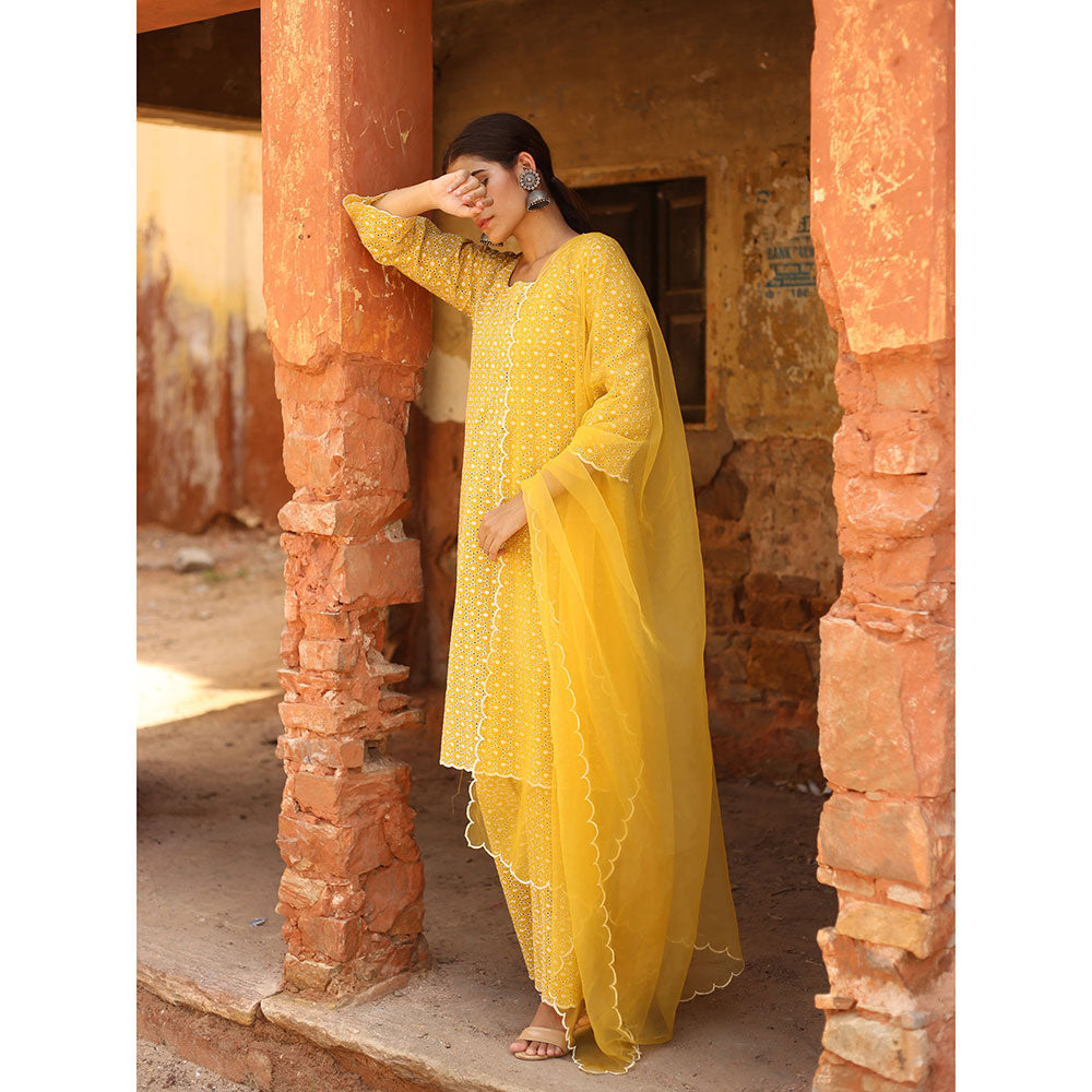 Gulabo Jaipur Yellow Chikan Kurta, Inner With Pant & Organza Dupatta (Set of 4)