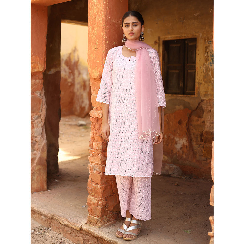 Gulabo Jaipur Pink Chikan Kurta With Pant & Organza Dupatta (Set of 3)