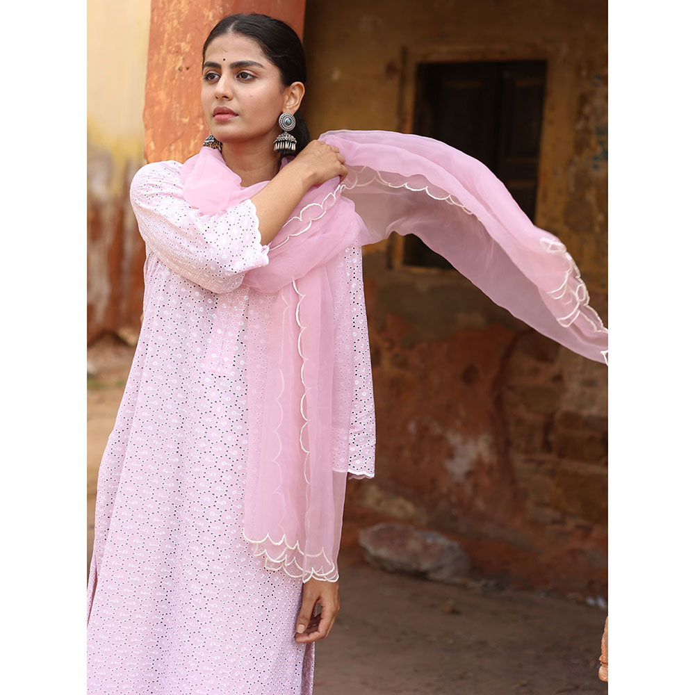 Gulabo Jaipur Pink Chikan Kurta With Pant & Organza Dupatta (Set of 3)