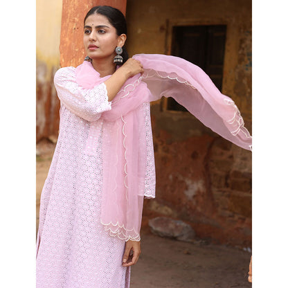 Gulabo Jaipur Pink Chikan Kurta With Pant & Organza Dupatta (Set of 3)