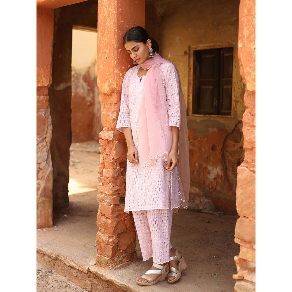 Gulabo Jaipur Pink Chikan Kurta With Pant & Organza Dupatta (Set of 3)