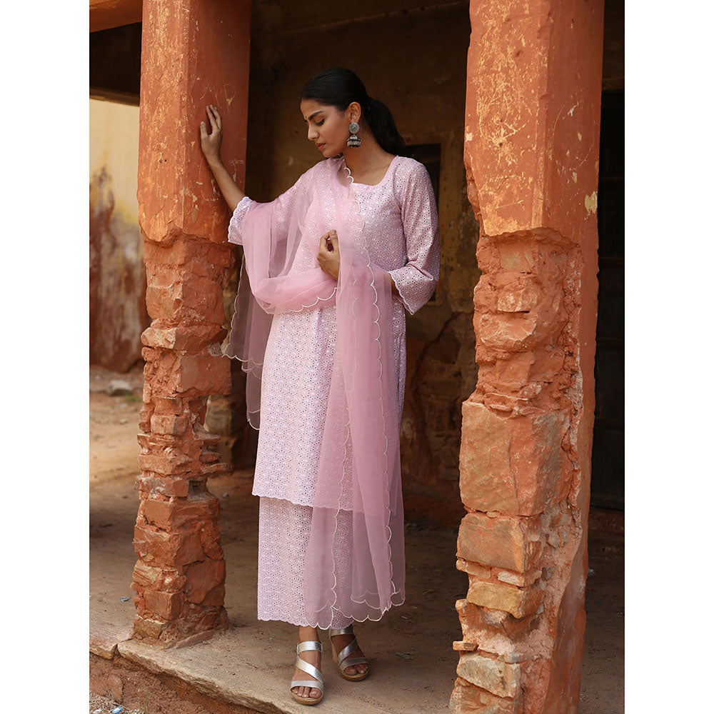 Gulabo Jaipur Pink Chikan Kurta With Pant & Organza Dupatta (Set of 3)