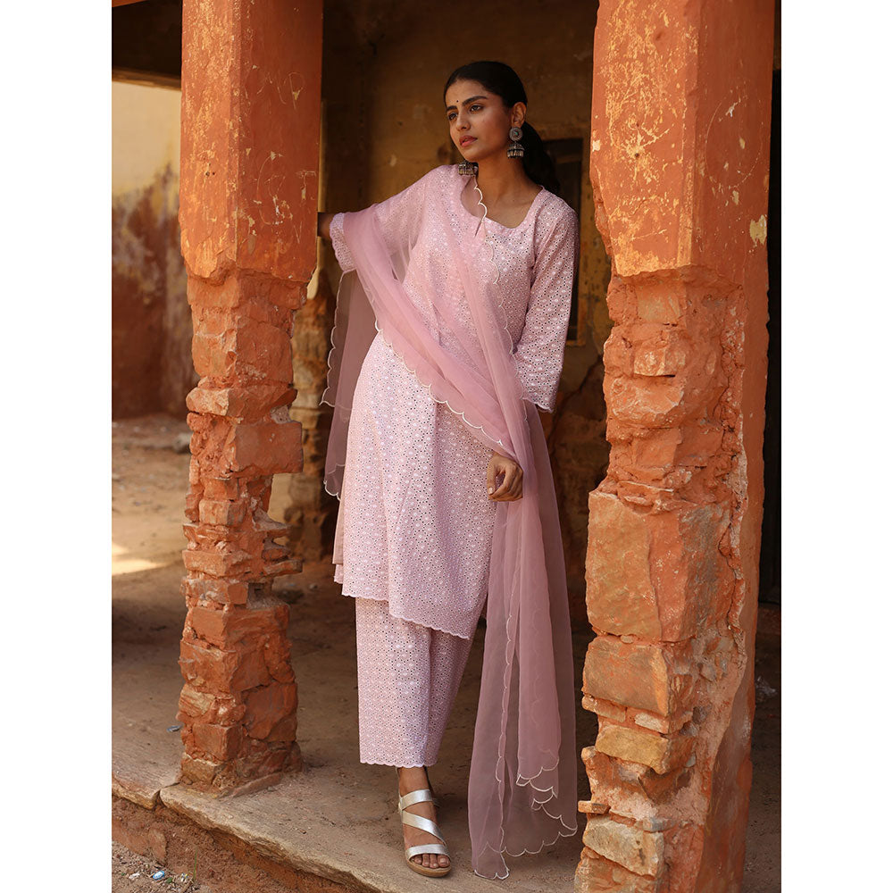 Gulabo Jaipur Pink Chikan Kurta With Pant & Organza Dupatta (Set of 3)